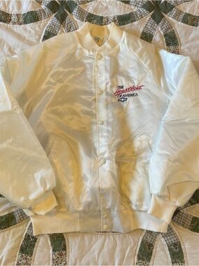VTG 80s/90s West Ark White Satin Bomber Jacket Chevrolet Americana Size Large